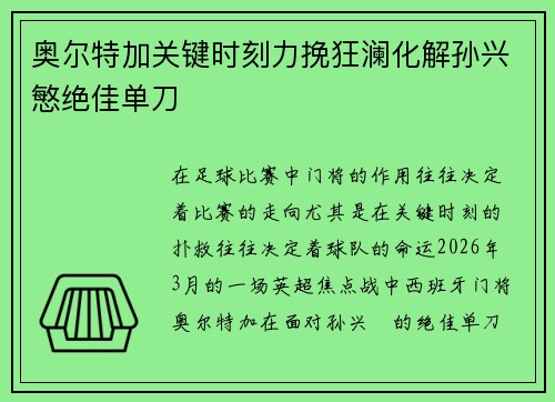奥尔特加关键时刻力挽狂澜化解孙兴慜绝佳单刀