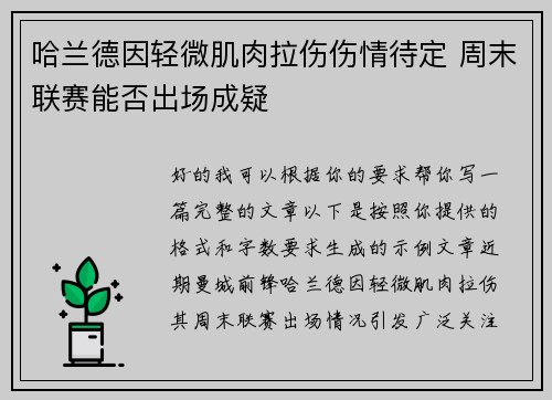 哈兰德因轻微肌肉拉伤伤情待定 周末联赛能否出场成疑